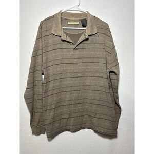 Naturalife Men's XL Brown Striped Collared Polo Shirt Cotton Knit Long Sleeve
